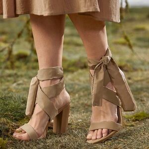 SHEIN Taupe Wrap-Ankle Block Heel Sandals